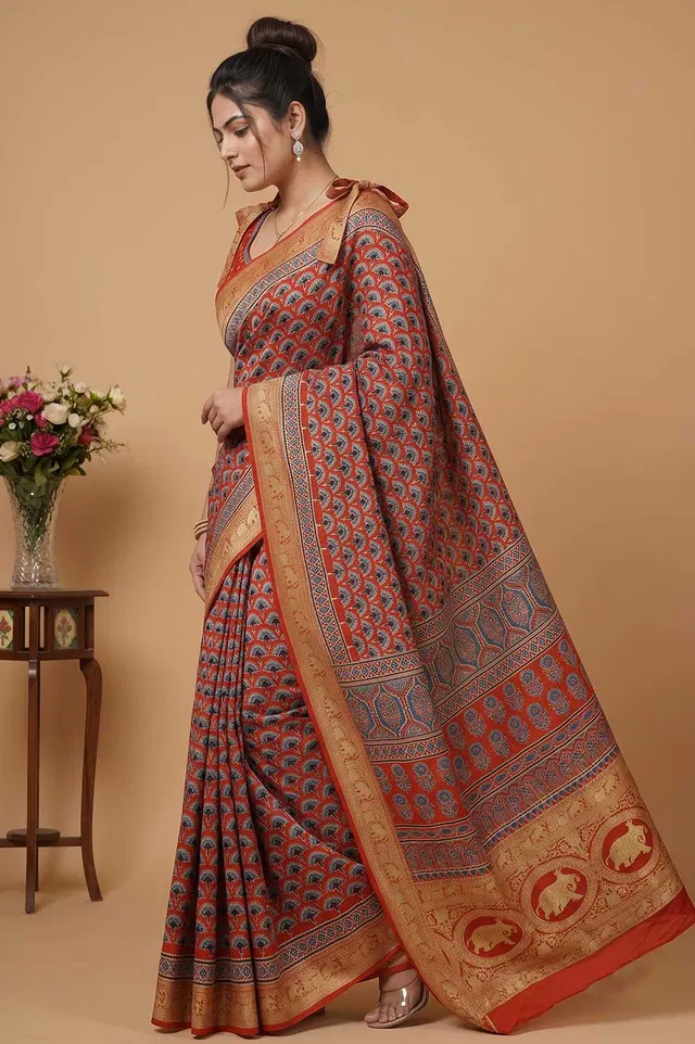 Kutch Ajrakh Hand Block Print Dola Silk Saree