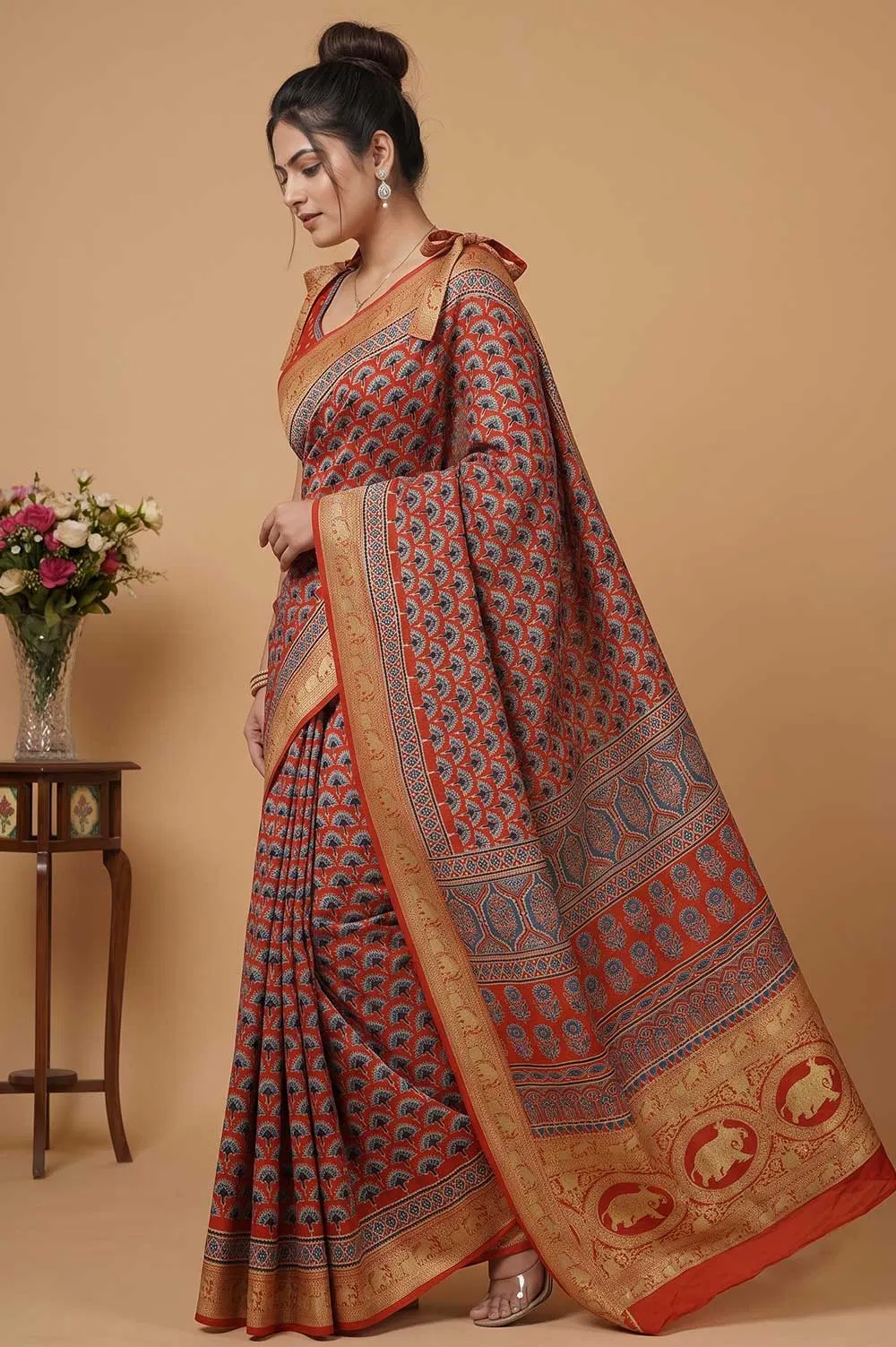 Kutch Ajrakh Hand Block Print Dola Silk Saree