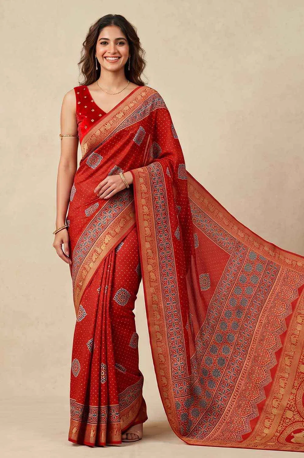 Kutch Ajrakh Hand Block Print Dola Silk Saree