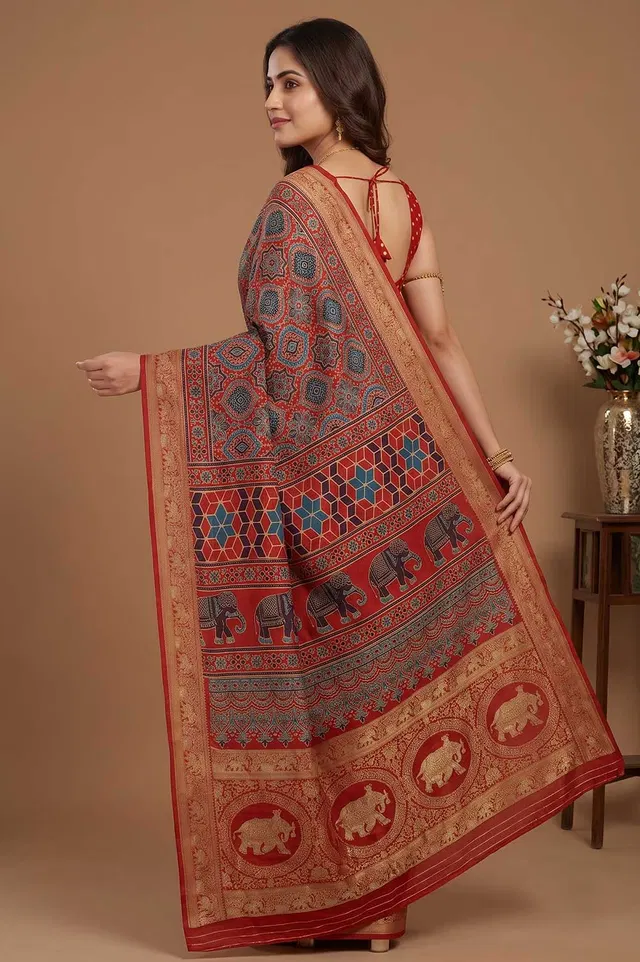 Kutch Ajrakh Hand Block Print Dola Silk Saree