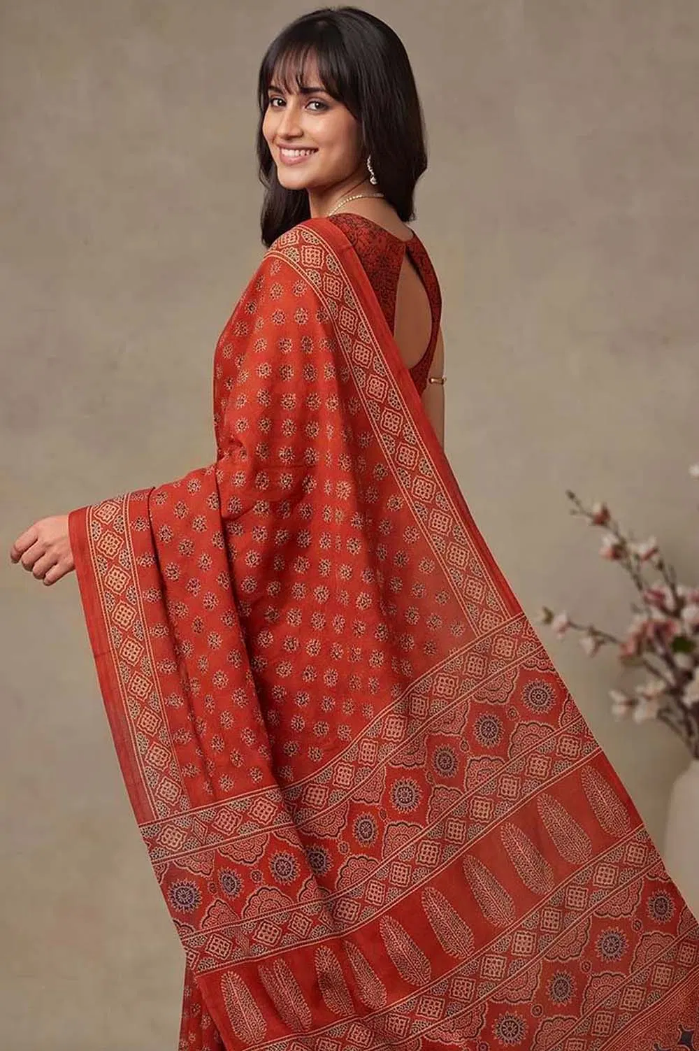 Kutch Ajrakh Hand Block Print Modal Silk Crepe Saree