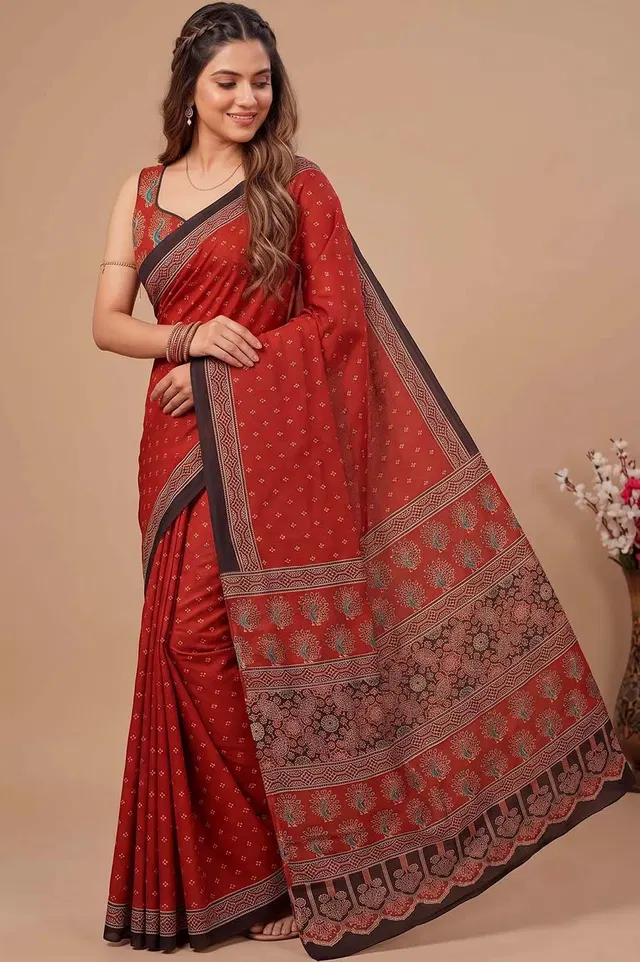 Kutch Ajrakh Hand Block Print Modal Silk Crepe Saree
