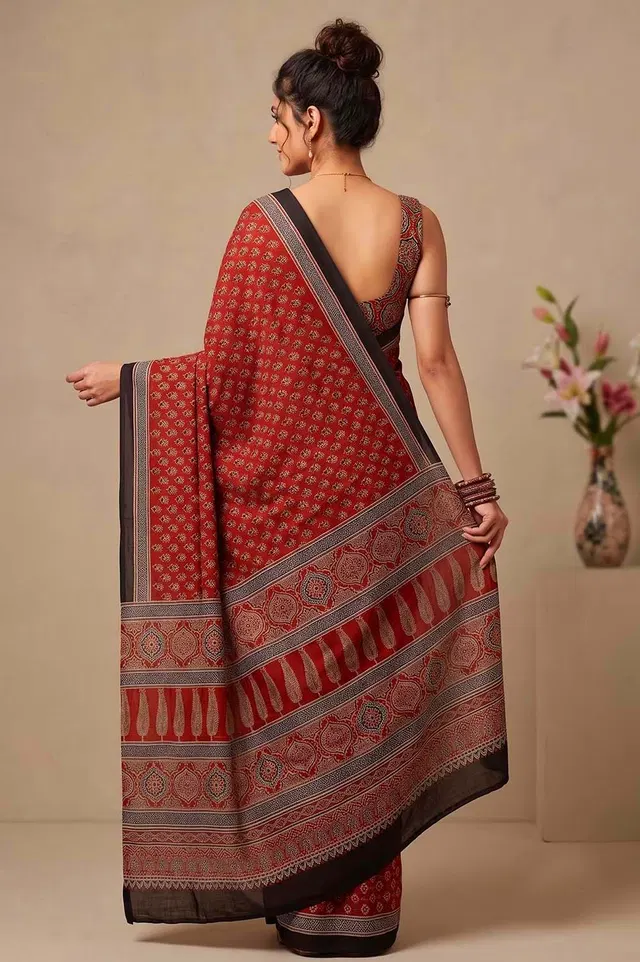 Kutch Ajrakh Hand Block Print Modal Silk Crepe Saree