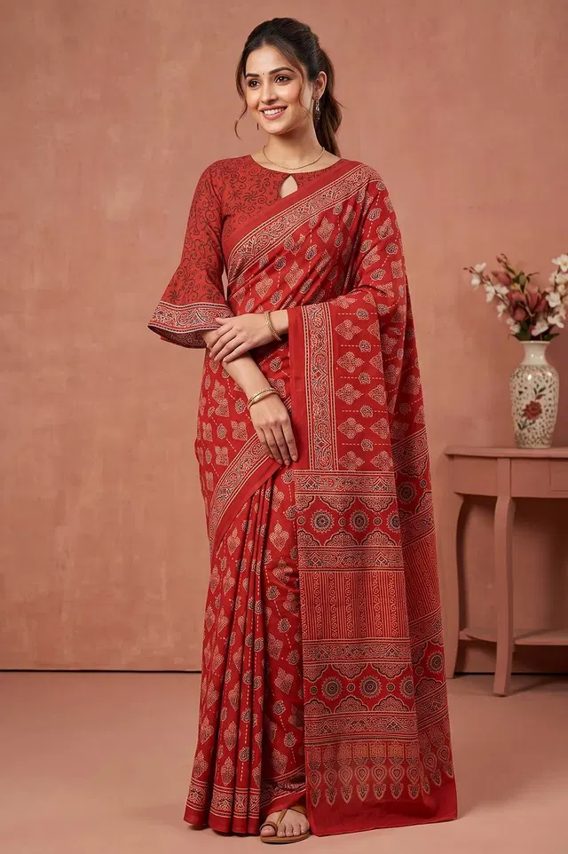 Kutch Ajrakh Hand Block Print Modal Silk Crepe Saree
