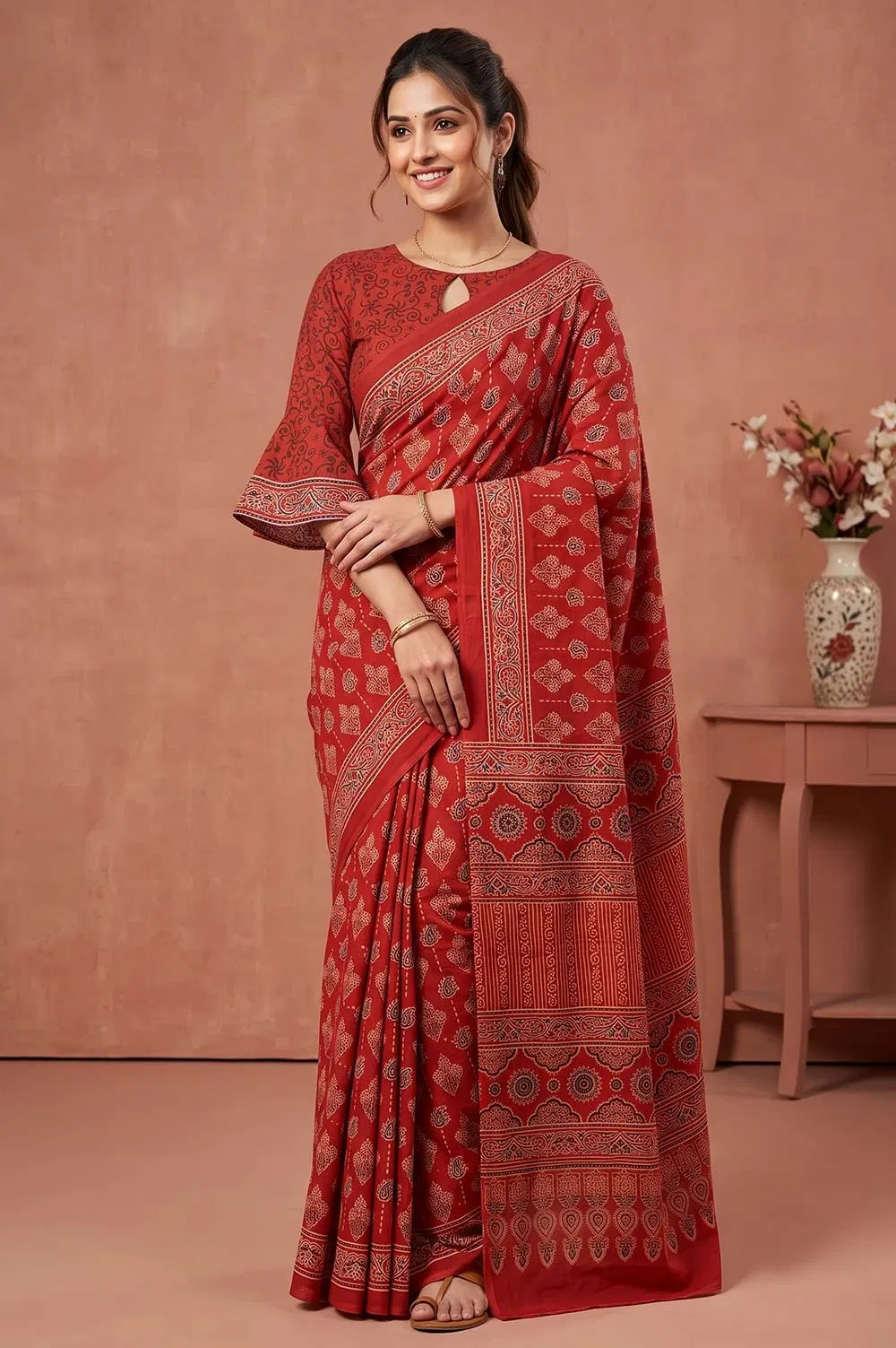Kutch Ajrakh Hand Block Print Modal Silk Crepe Saree