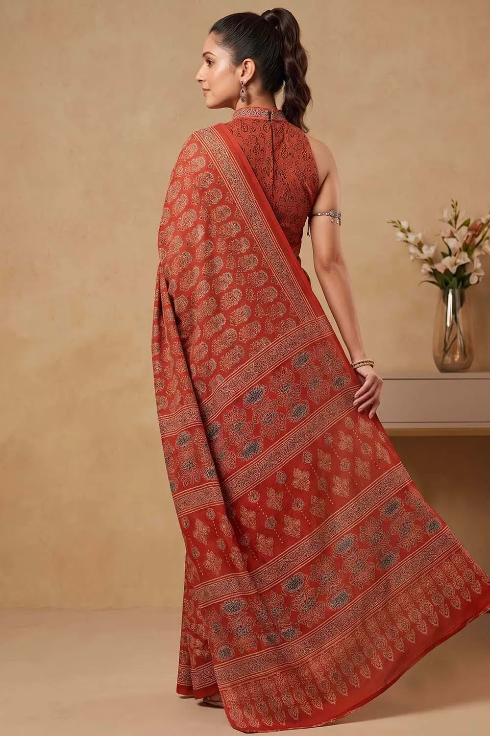 Kutch Ajrakh Hand Block Print Modal Silk Crepe Saree
