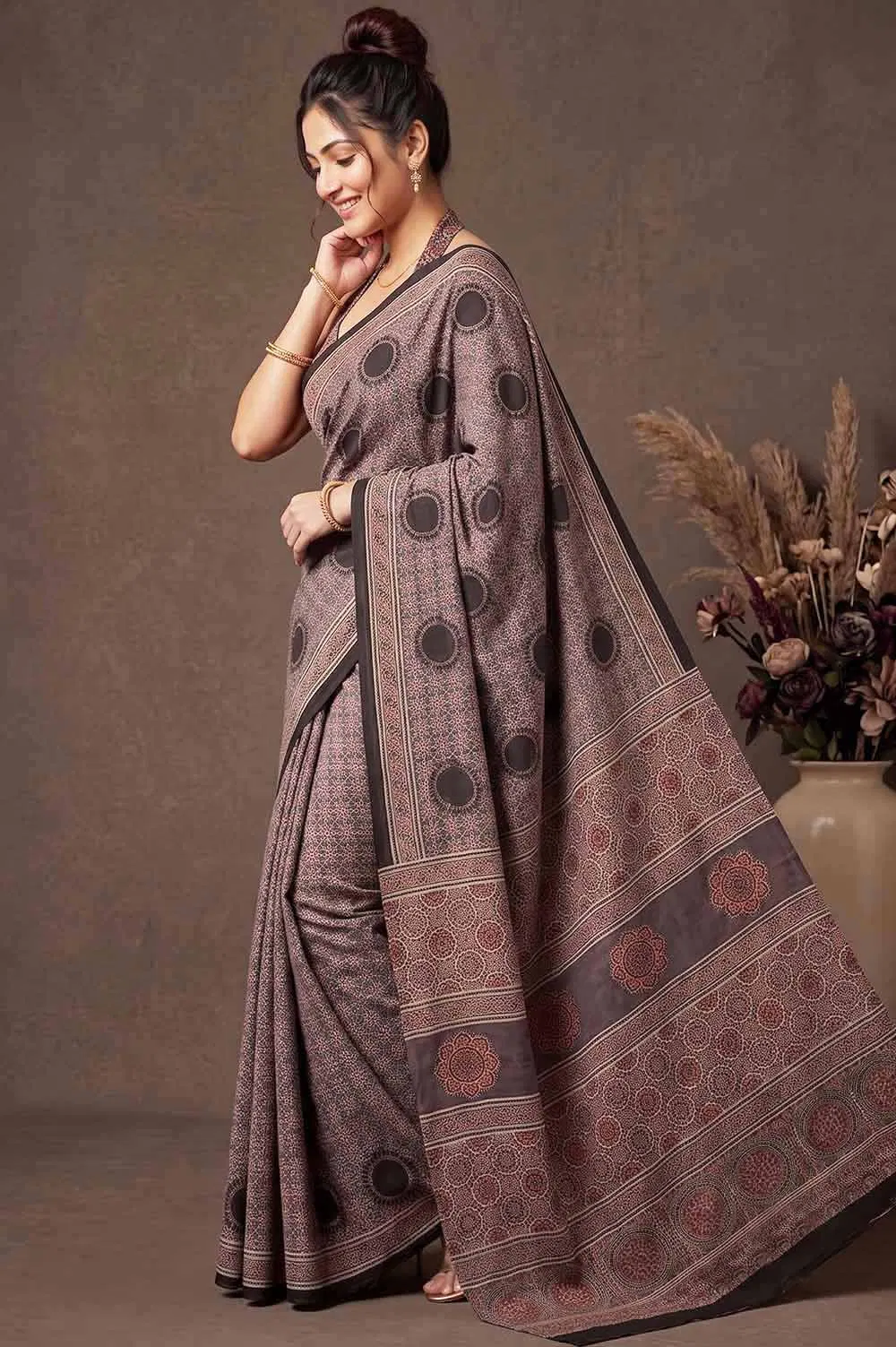 Kutch Ajrakh Hand Block Print Modal Silk Crepe Saree