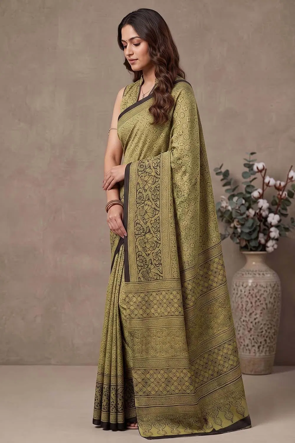 Kutch Ajrakh Hand Block Print Modal Silk Crepe Saree