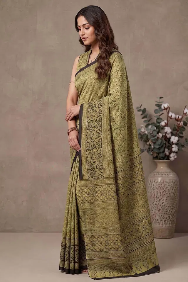 Kutch Ajrakh Hand Block Print Modal Silk Crepe Saree