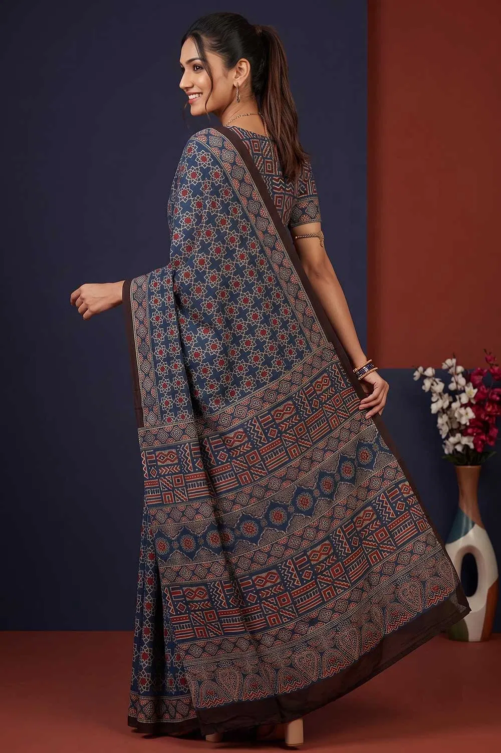 Kutch Ajrakh Hand Block Print Modal Silk Crepe Saree