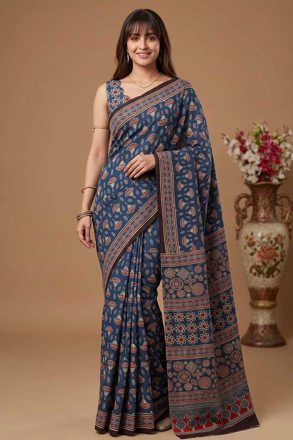 Kutch Ajrakh Hand Block Print Modal Silk Crepe Saree