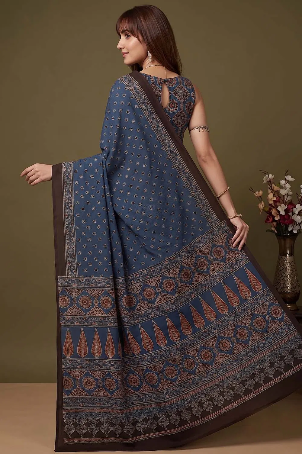 Kutch Ajrakh Hand Block Print Modal Silk Crepe Saree