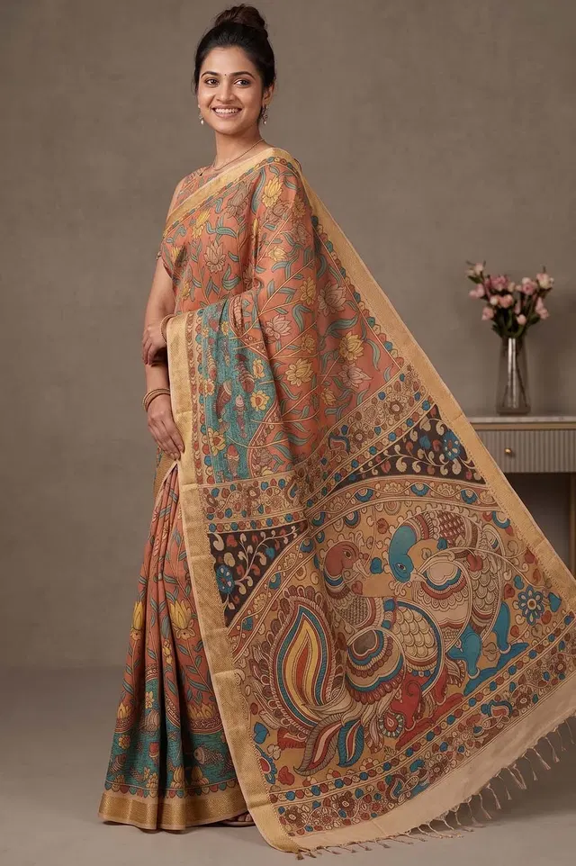 Srikalahasthi Pen Kalamkari (Vraathapani) Cotton Saree