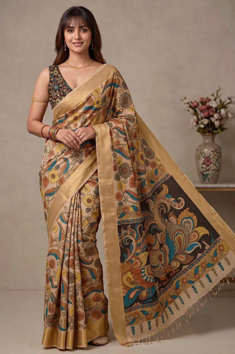 Srikalahasthi Pen Kalamkari (Vraathapani) Cotton Saree