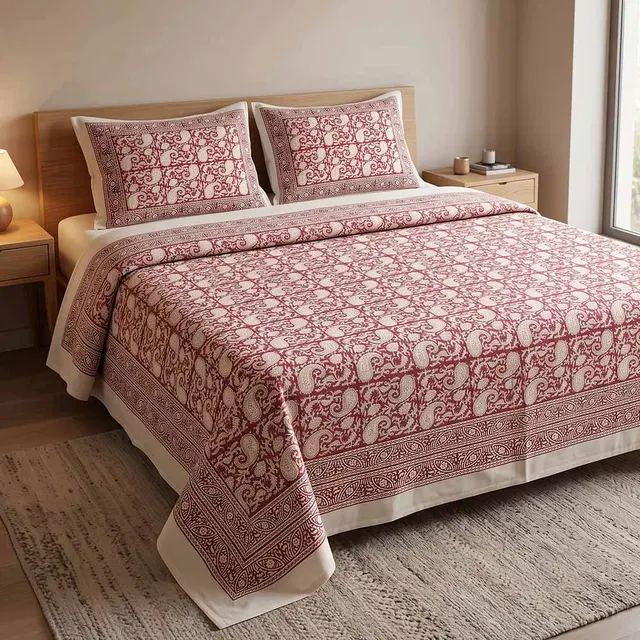 Bagru Hand Block Printed Premium Bedsheet Set (8.8x8.8)ft