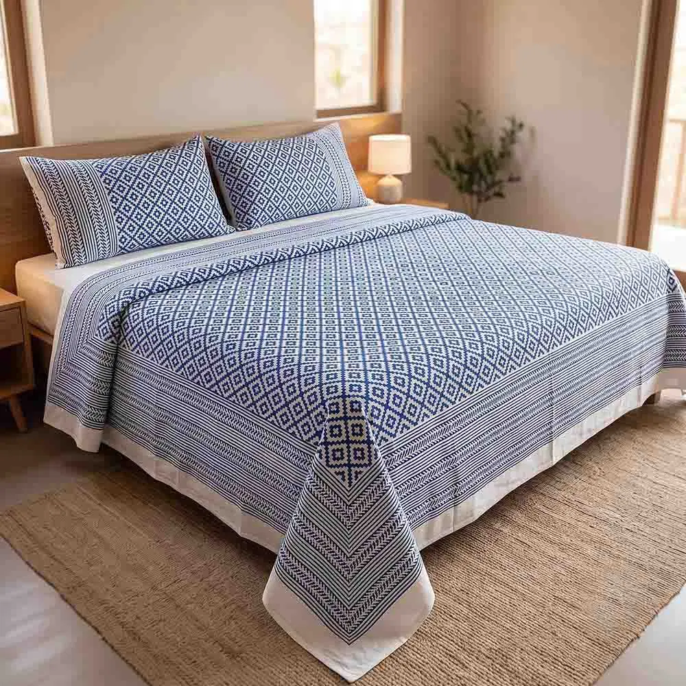 Bagru Hand Block Printed Premium Bedsheet Set (8.8x8.8)ft