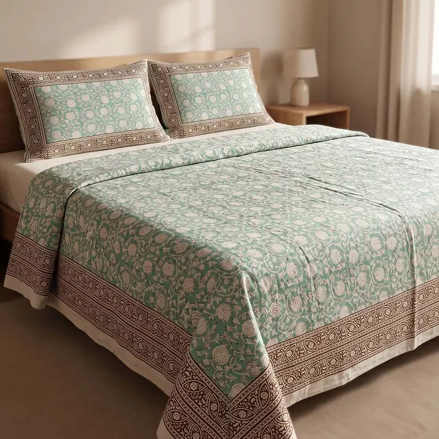 Bagru Hand Block Printed Premium Bedsheet Set (8.8x8.8)ft