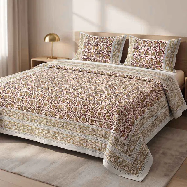 Bagru Hand Block Printed Premium Bedsheet Set (8.8x8.8)ft