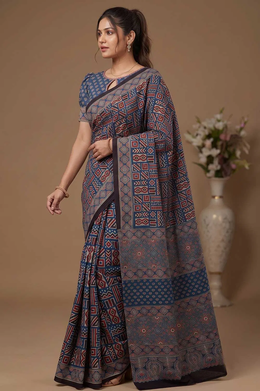 Kutch Ajrakh Hand Block Print Modal Silk Crepe Saree