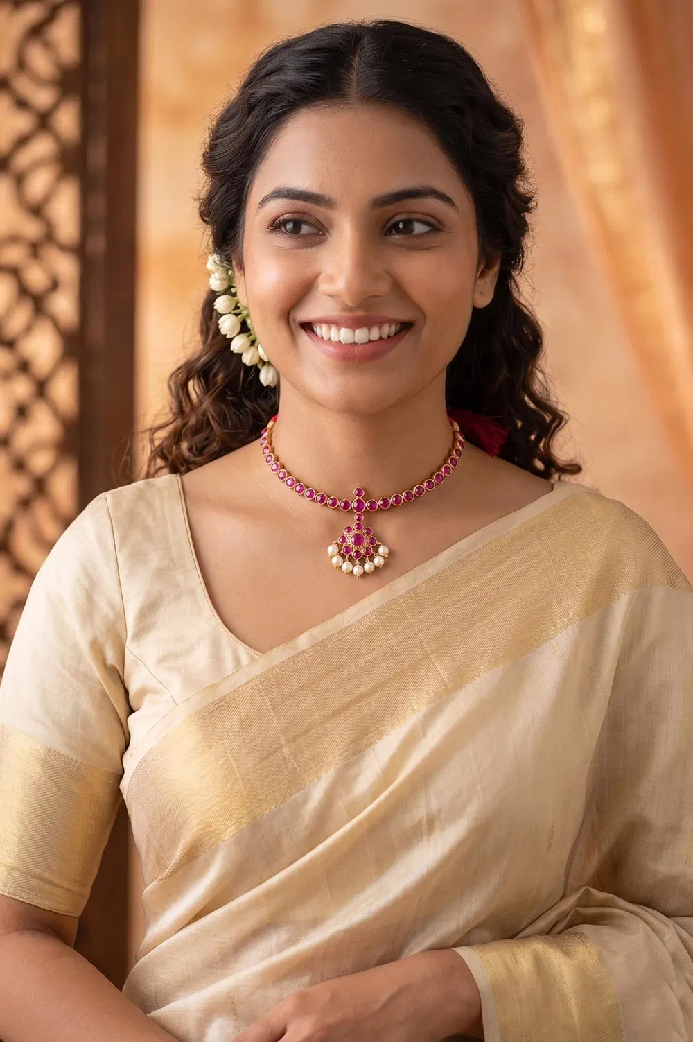 Nagercoil Temple Jewellery Choker - Silver (45%): Gold (25%) : Stones(30%)