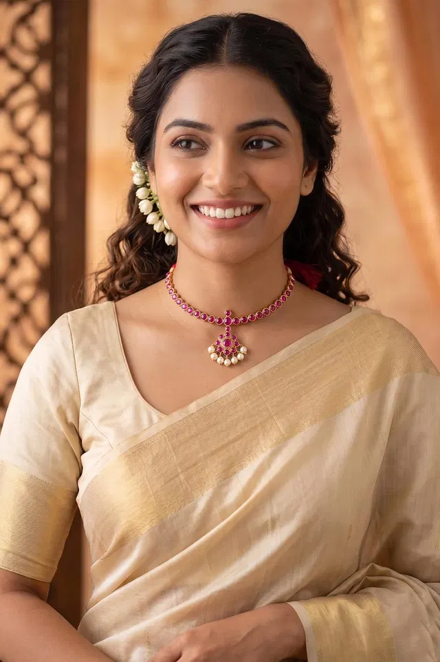 Nagercoil Temple Jewellery Choker - Silver (45%): Gold (25%) : Stones(30%)
