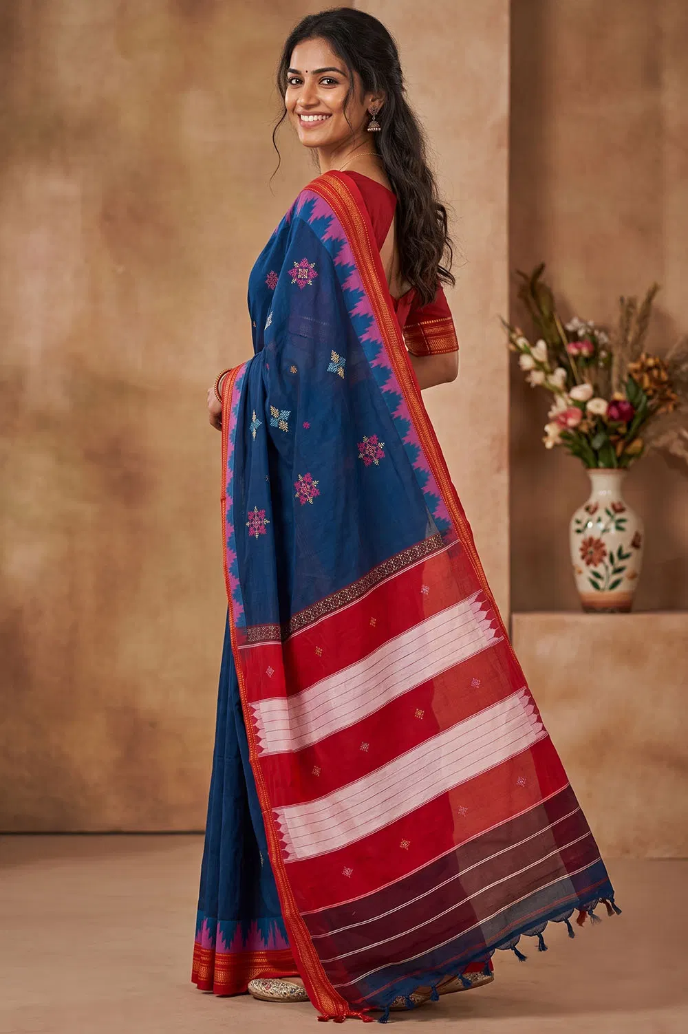 Kasuti Hand Embroidery on Art Silk Saree
