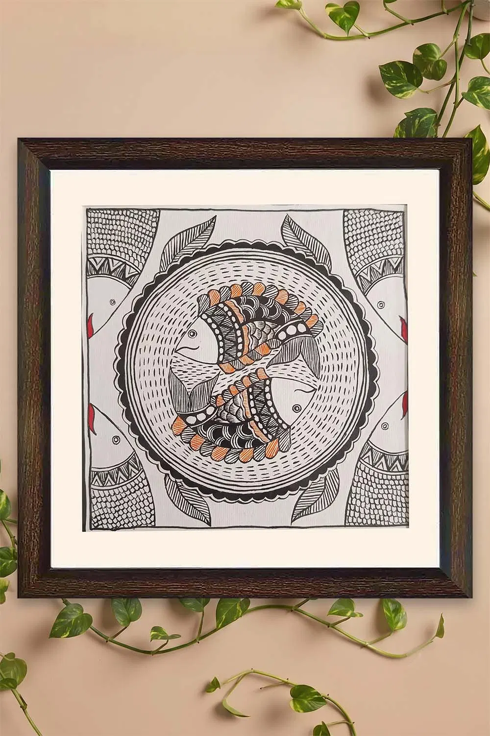 Madhubani Painting Peacock Fish (8.5*8.5) Inches