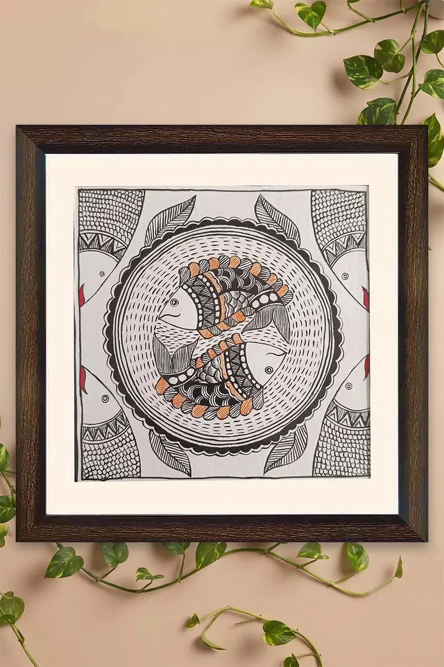 Madhubani Painting Peacock Fish (8.5*8.5) Inches