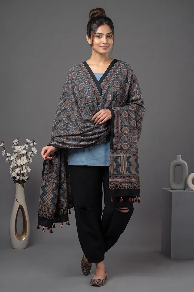 Kutch Ajrakh Hand Block Print Modal Silk Crepe Stole