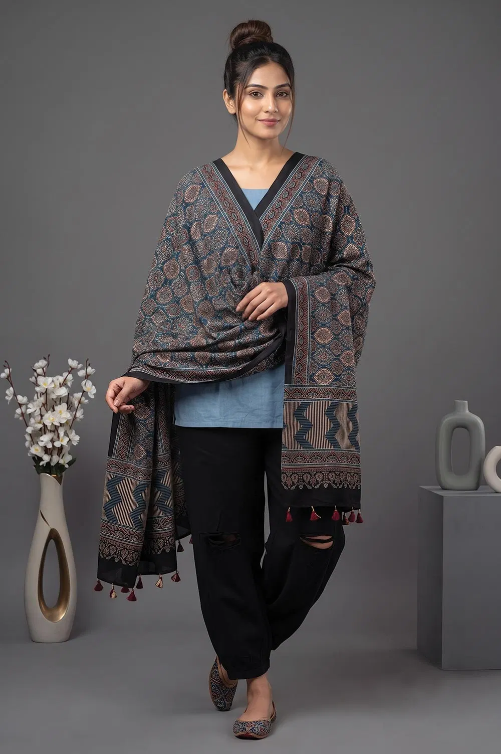 Kutch Ajrakh Hand Block Print Modal Silk Crepe Stole