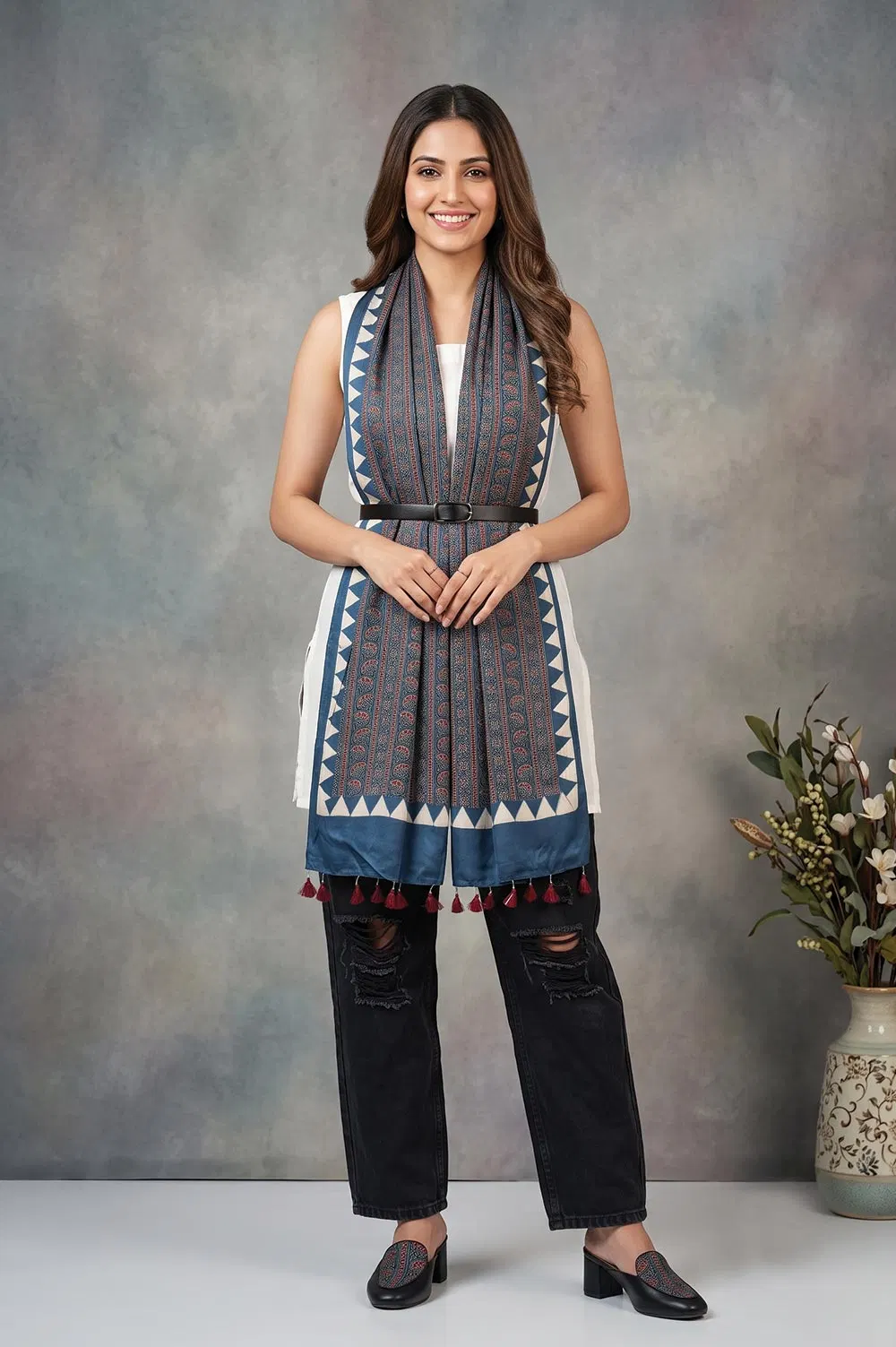 Kutch Ajrakh Hand Block Print Modal Silk Crepe Stole