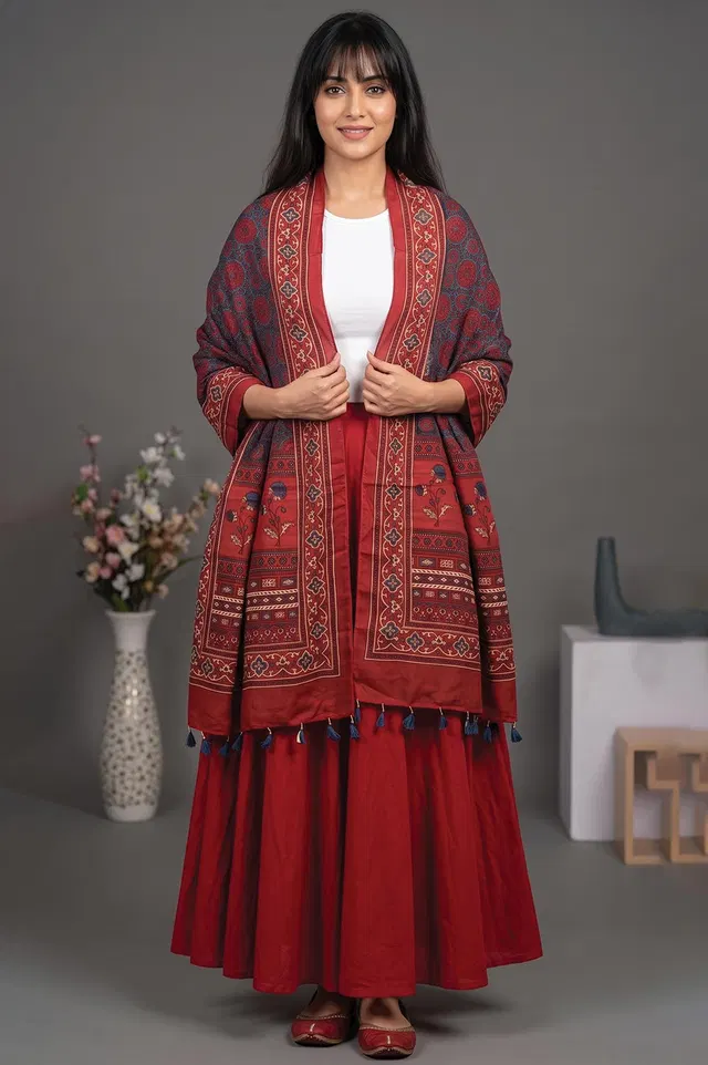 Kutch Ajrakh Hand Block Print Modal Silk Crepe Stole