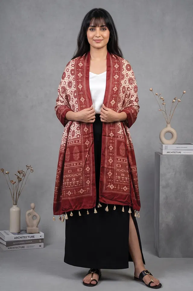 Kutch Ajrakh Hand Block Print Modal Silk Crepe Stole