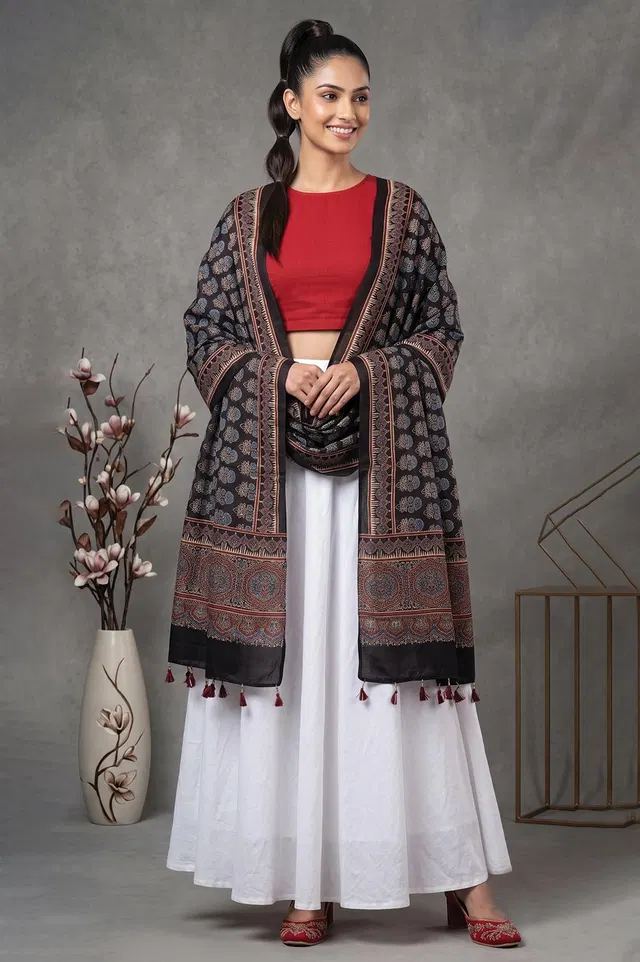 Kutch Ajrakh Hand Block Print Modal Silk Crepe Stole