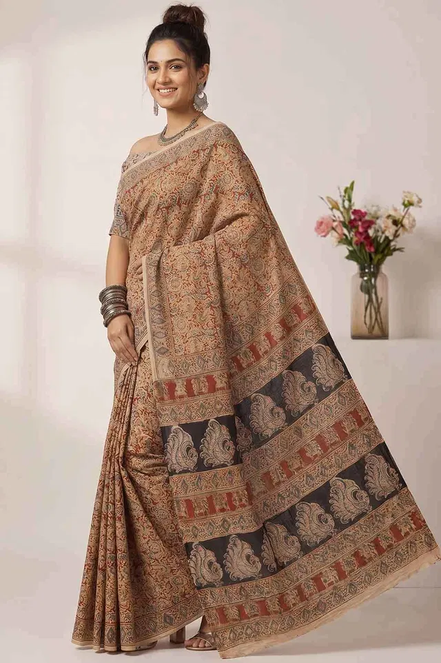 Hand Block Printed Machilipatnam Kalamkari Saree (Extremely Soft Cotton)