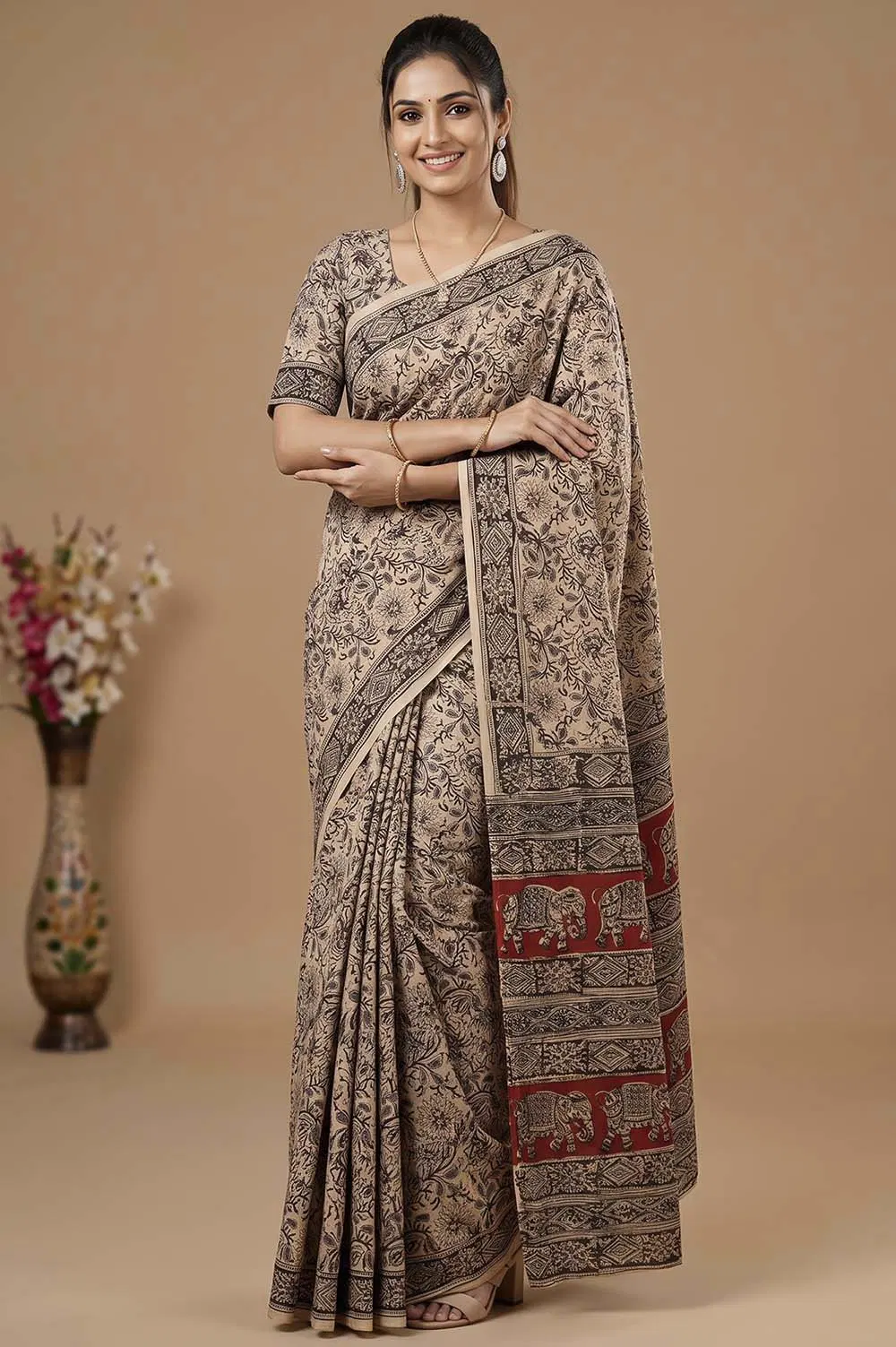 Hand Block Printed Machilipatnam Kalamkari Saree (Extremely Soft Cotton)