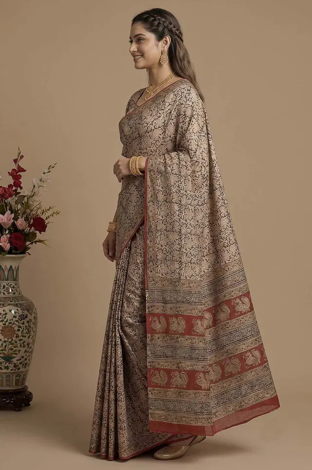 Hand Block Printed Machilipatnam Kalamkari Saree (Extremely Soft Cotton)
