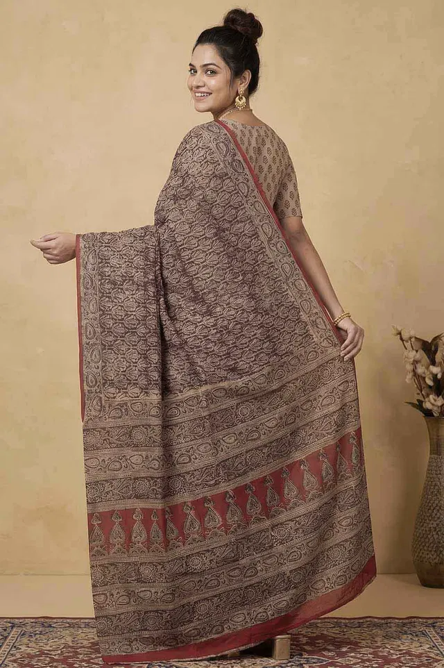 Hand Block Printed Machilipatnam Kalamkari Saree (Extremely Soft Cotton)