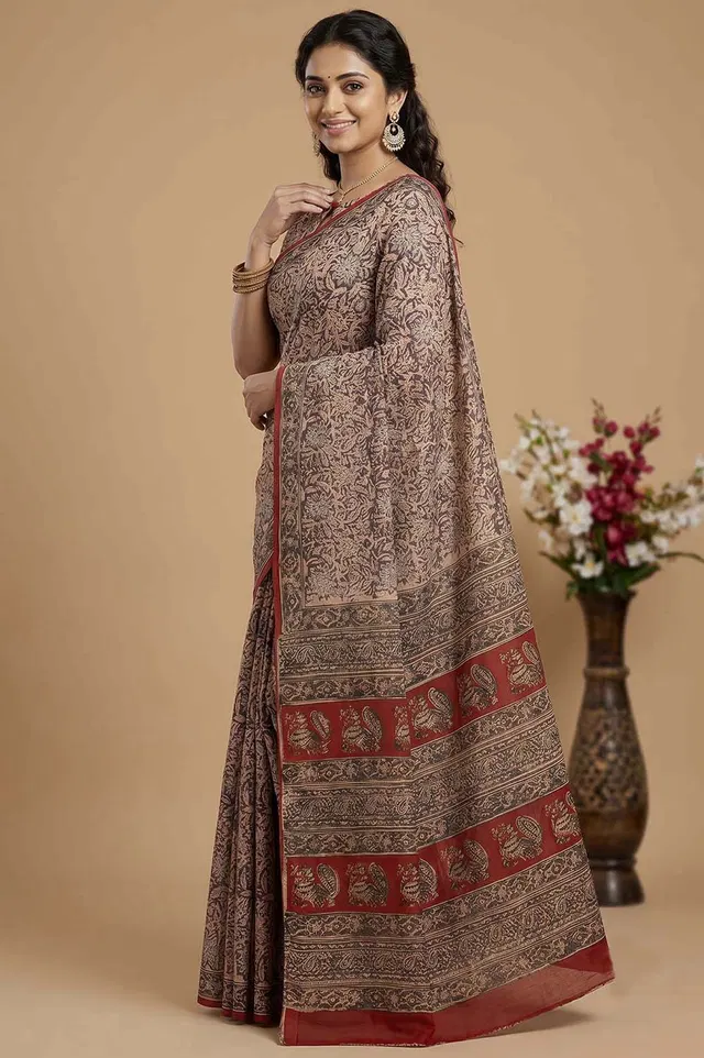 Hand Block Printed Machilipatnam Kalamkari Saree (Extremely Soft Cotton)