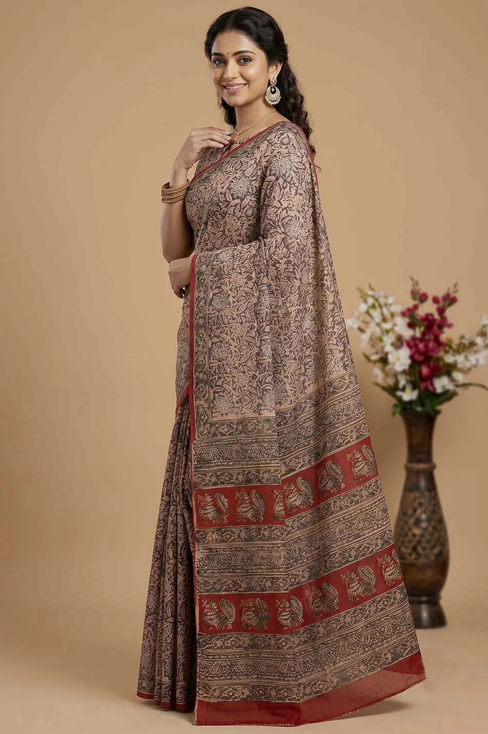 Hand Block Printed Machilipatnam Kalamkari Saree (Extremely Soft Cotton)