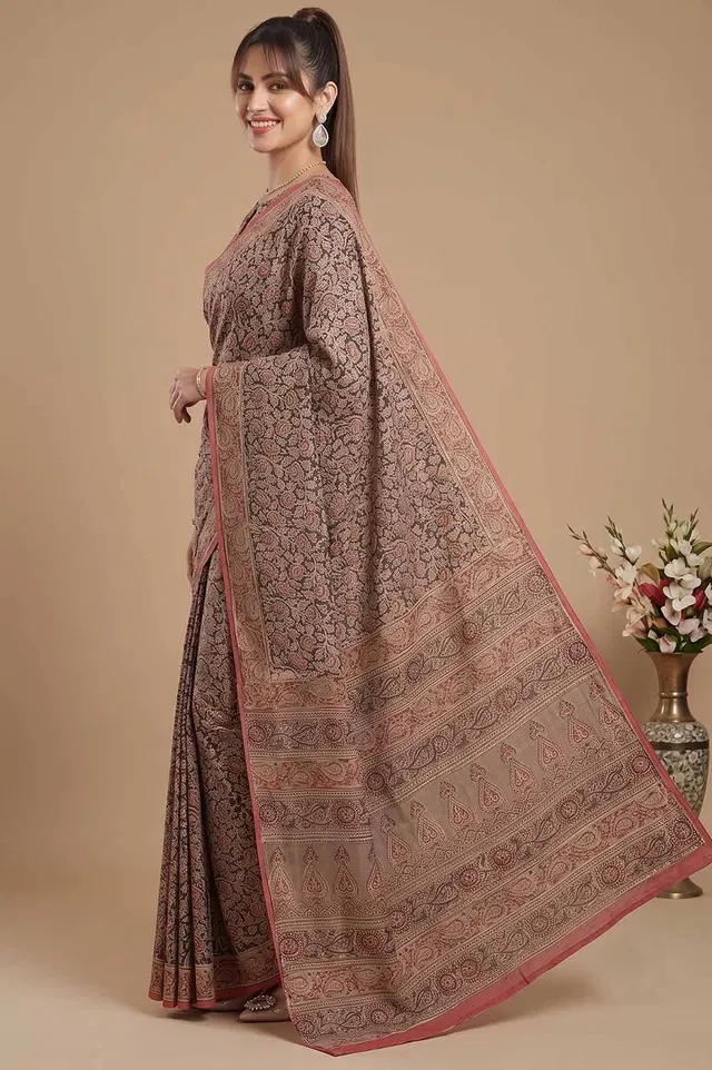 Hand Block Printed Machilipatnam Kalamkari Saree (Extremely Soft Cotton)