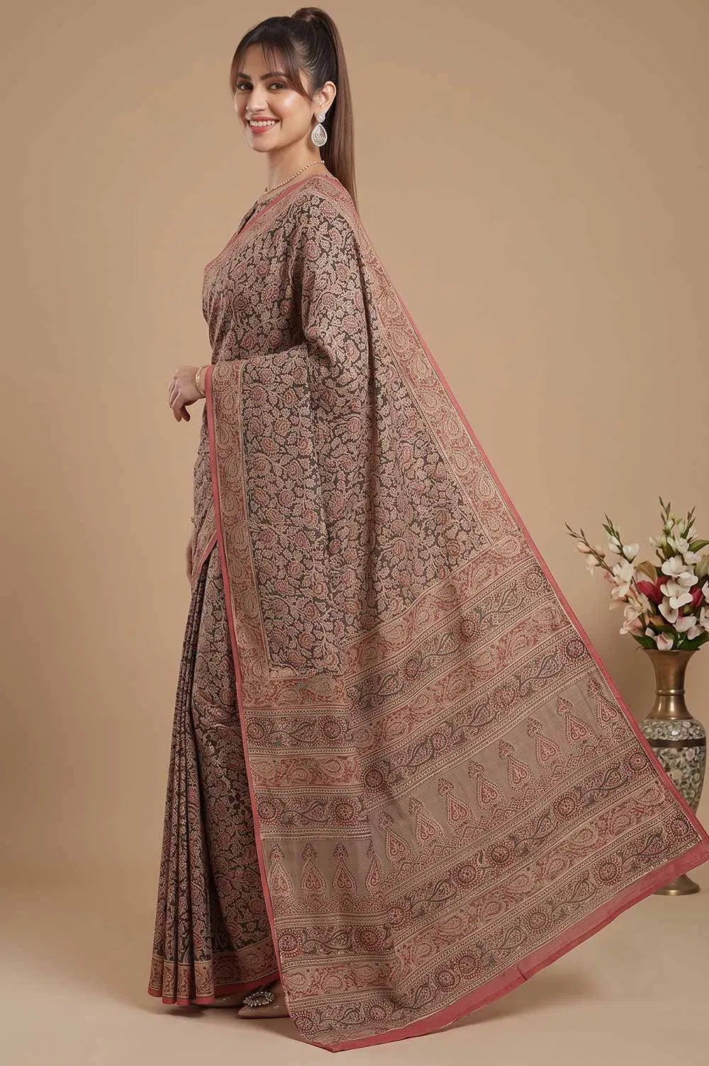 Hand Block Printed Machilipatnam Kalamkari Saree (Extremely Soft Cotton)