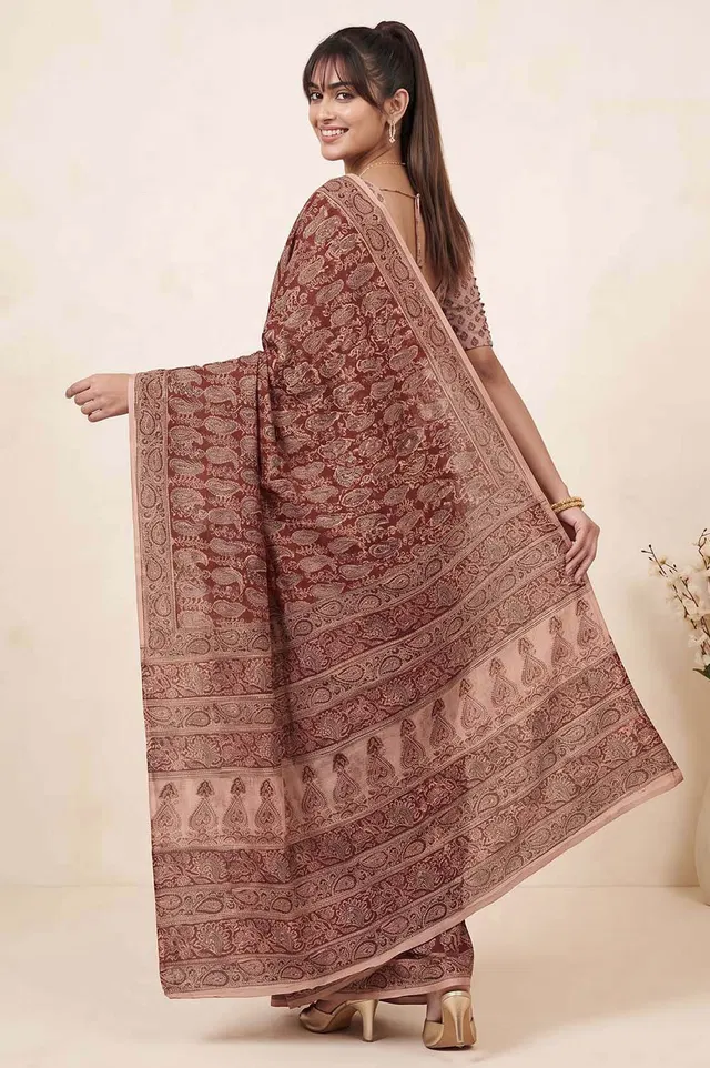 Hand Block Printed Machilipatnam Kalamkari Saree (Extremely Soft Cotton)
