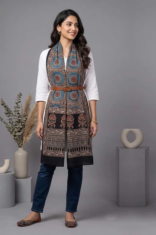 Kutch Ajrakh Hand Block Print Modal Silk Crepe Stole