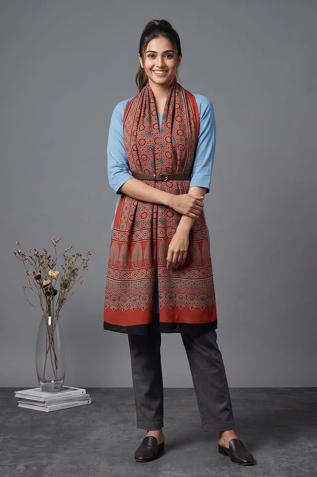 Kutch Ajrakh Hand Block Print Modal Silk Crepe Stole