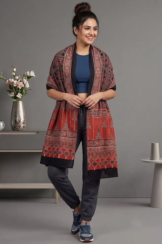 Kutch Ajrakh Hand Block Print Modal Silk Crepe Stole