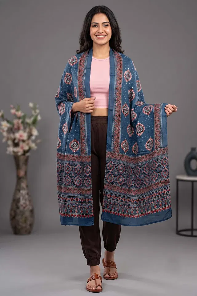 Kutch Ajrakh Hand Block Print Modal Silk Crepe Stole