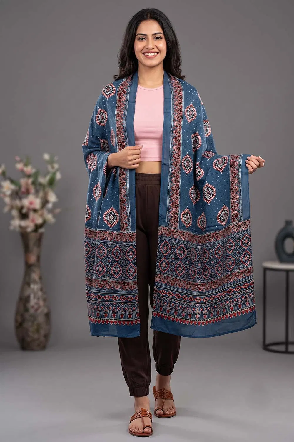 Kutch Ajrakh Hand Block Print Modal Silk Crepe Stole