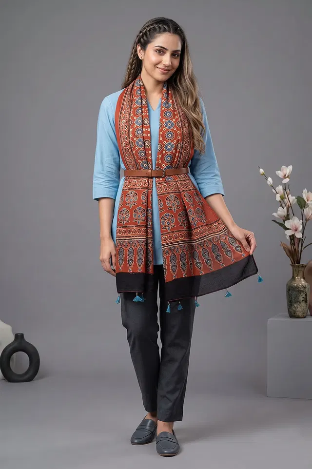 Kutch Ajrakh Hand Block Print Modal Silk Crepe Stole