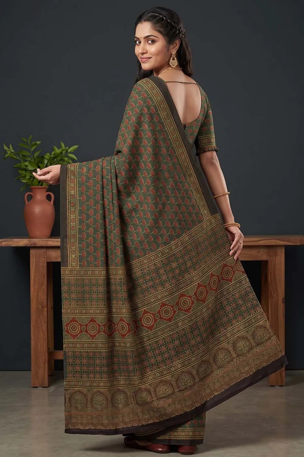 Kutch Ajrakh Hand Block Print Modal Silk Crepe Saree